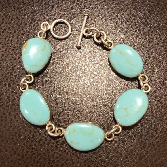 SOUTHWESTERN Mexico Sterling Silver Turquoise Cabochon Linked Bracelet - Picture 6 of 6